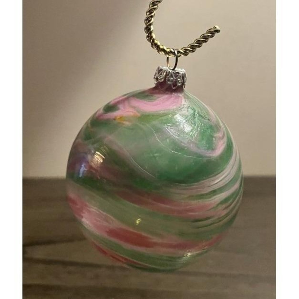 Vintage West Germany Hand Blown Swirl Glass Christmas Ornament Pink Green 3.5"
